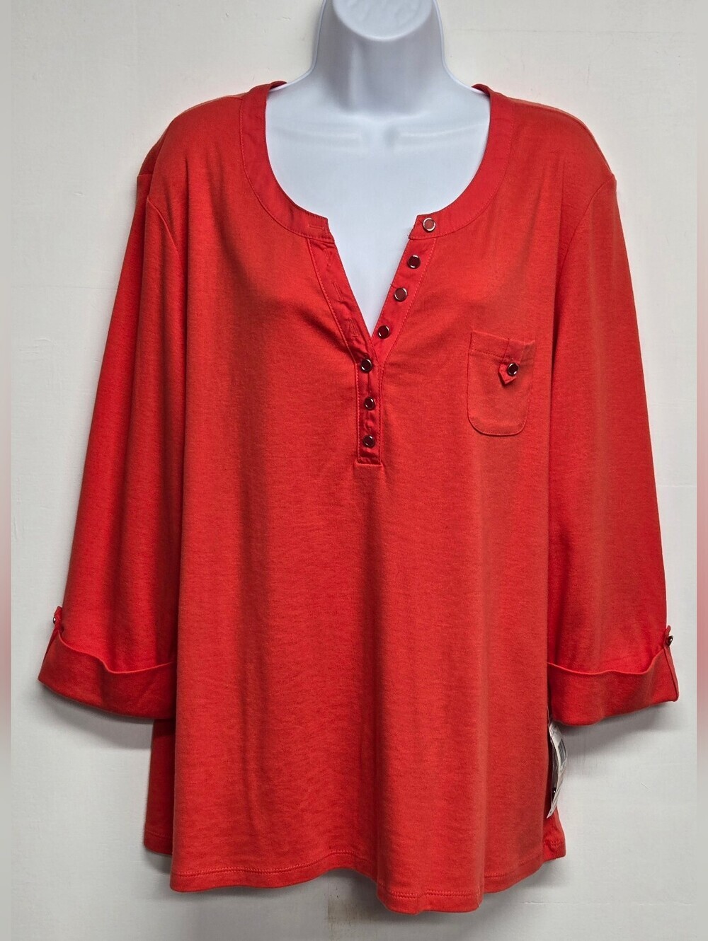 Karen Scott Woman 2X Top 100% Cotton Knit Top Cuffed Sleeve Festive Orange